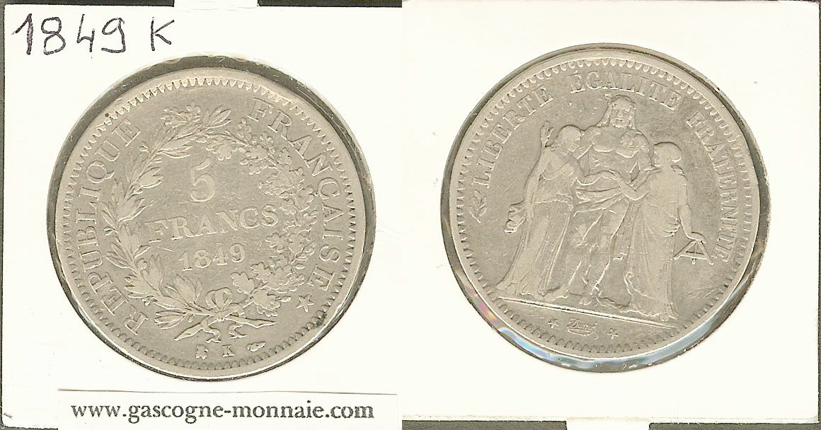 5 francs Hercule, IIe République 1849 Bordeaux TB+ à TTB